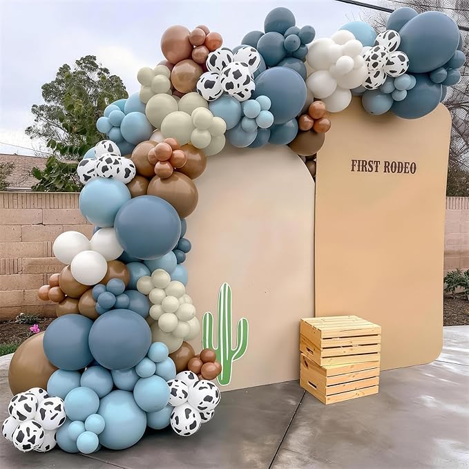 Cowboy Western Balloon Arch Kit, Dusty Blue Brown Double Stuffed Sand White Balloon Garland with Cow Print Balloons for Boys Western Cowboy Theme Birthday First Rodeo Baby Boy Shower Party Decorations
