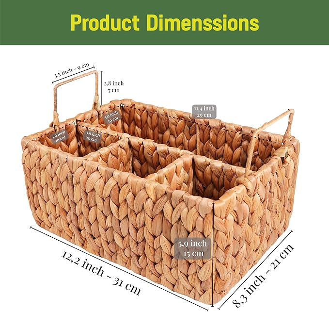 Wicker Utensil Holder with Handle – Handwoven Water Hyacinth Flatware Caddy with 4 Compartments – Rustic Cutlery Organizer for Kitchen, Dining Table, Picnic & BBQ