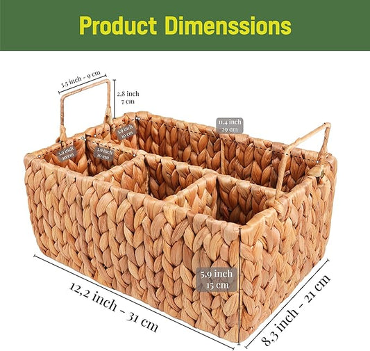 Wicker Utensil Holder with Handle – Handwoven Water Hyacinth Flatware Caddy with 4 Compartments – Rustic Cutlery Organizer for Kitchen, Dining Table, Picnic & BBQ