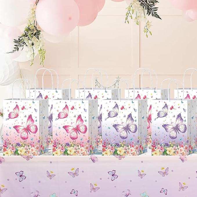 HongXingHai 16Pcs Butterfly Party Favors Gift Goodie Bags Pink Purple Flowers Treat Candy Small Floral Paper Bags with Handles for Kids Birthday Party (Butterflies, 16)