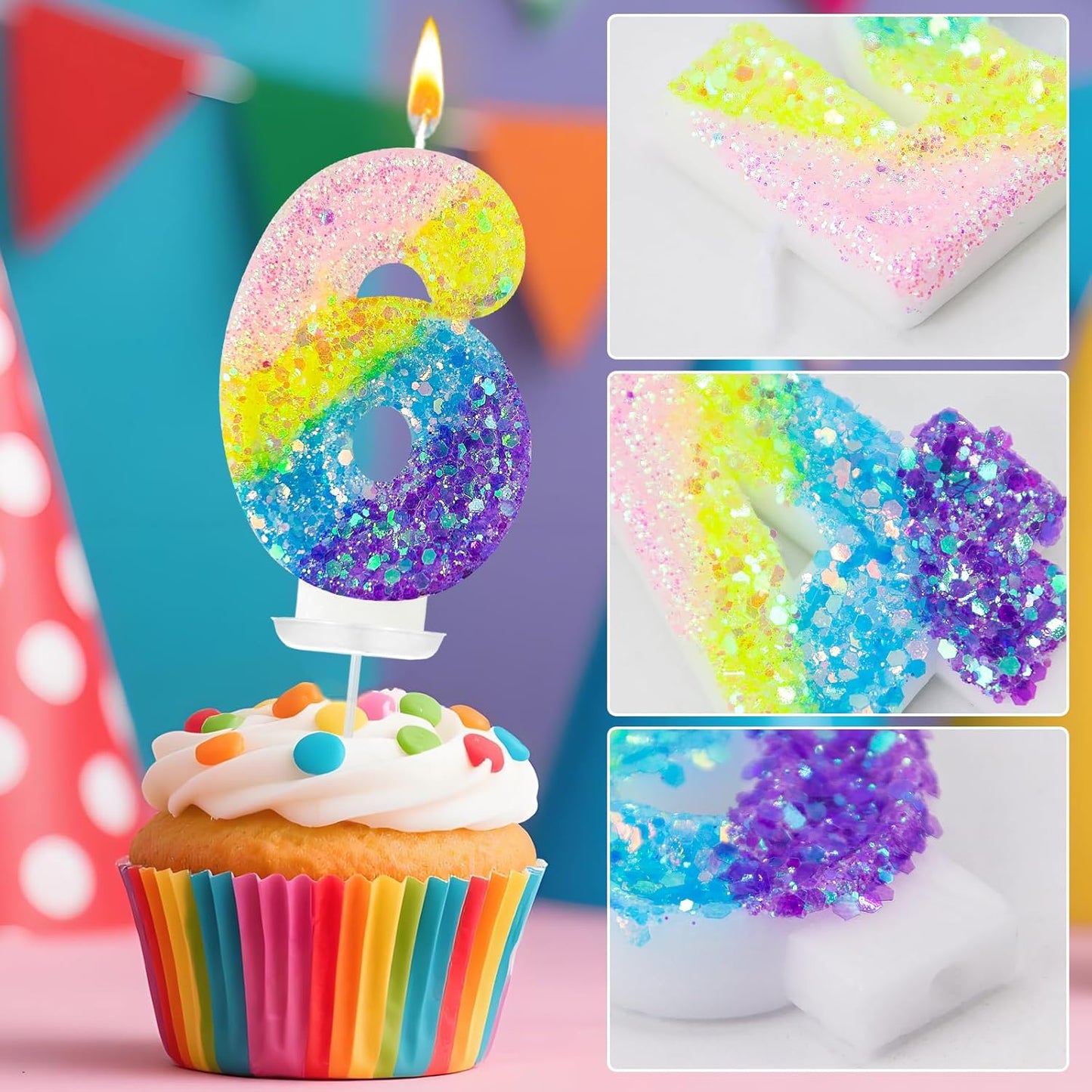Birthday Candles Pastel Macaron Glitter 3D Rainbow Number Candles for Birthday Cake Girls Women Sweet Theme Birthday Wedding Anniversary Party Cake Decoration (Number 6)