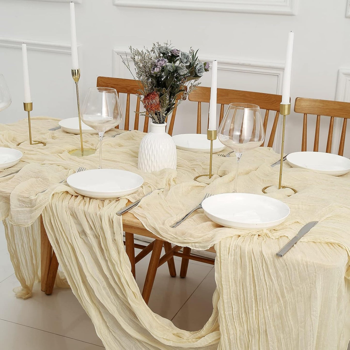 DOLOPL 8PCS Cream Cheesecloth Table Runner Bulk 13.3ft Boho Gauze Cheese Cloth Table Runner Rustic Sheer Runner 160inch Long for Wedding Bridal Baby Shower Birthday Party Cake Table Decorations