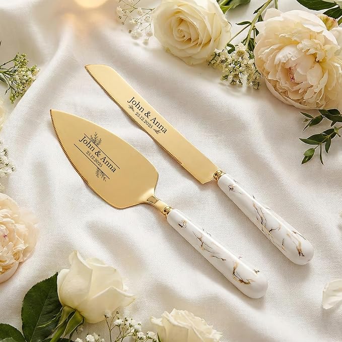 sinfinate Personalized Wedding Cake Knife and Server Set Gold - Custom Engraved Stainless Steel Cake Servers Cutting Set with Marble Pattern, Elegant Gift for Wedding Anniversary Birthday Christmas