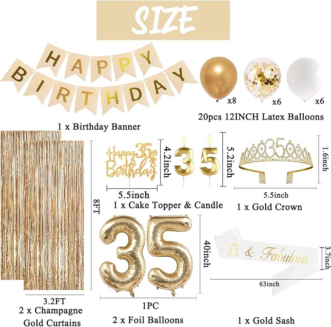 Trgowaul 35th Birthday Decorations for Women, Banner, Sash and Crown, Cake Topper, 35 Number Balloon, Fringe Curtains, Champagne Gold 35th Birthday Party Supplies
