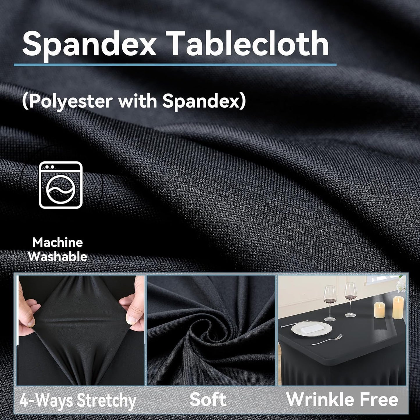 6 pk Black Spandex Tablecloth 6ft with Ruffled Skirt,Wrinkle Free High Stretch Fitted Tablecloths for 6 Foot Rectangle Tables,Pleated Elastic Spandex Table Covers 6ft for Parties Wedding Banquet