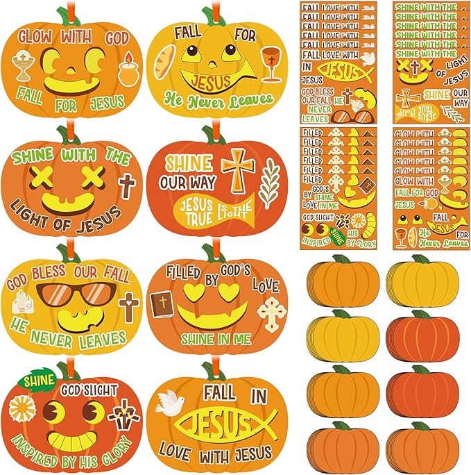 Frienda 48pcs Thanksgiving Pumpkin Craft Kit Christian Fall Jesus Pumpkin Cross Hanging Ornaments with Ribbons Halloween DIY Religious Faith Crafts for Sunday School Party Home Activities