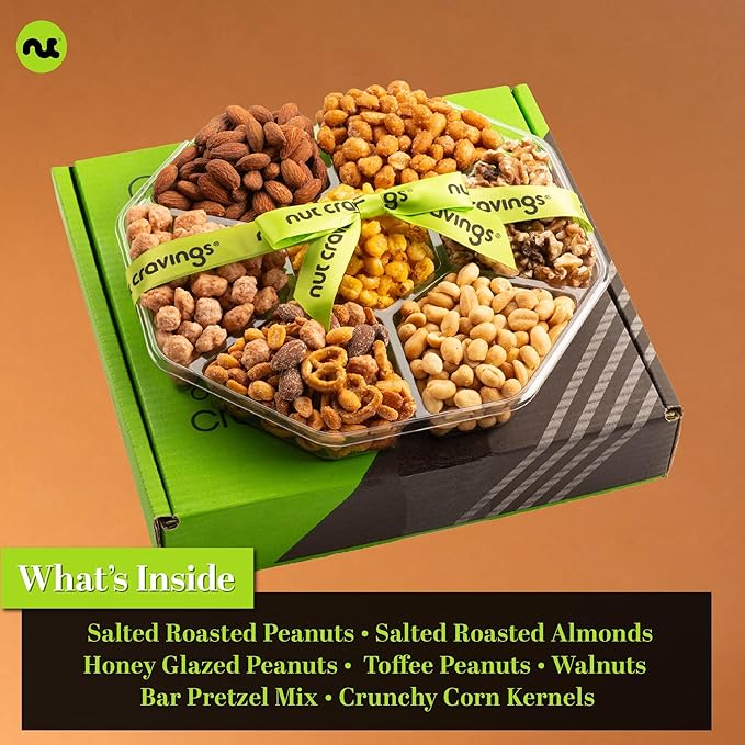 NUT CRAVINGS - Halloween Treats For Adults Mixed Nuts Gift Basket + Green Ribbon Classic (7 Assortments, 1 LB) Holiday Xmas Christmas Food Arrangement, Healthy Snack Care Package, Food Assortments