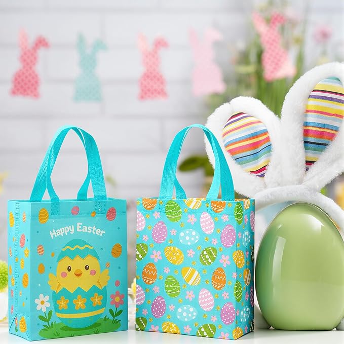 Wovnet 30 Pcs Easter Gift Bags Pastel Colors Easter Eggs Goodie Treat Tote Bags with Handle Reusable Non Woven Eggs Party Favor Pouch for Spring Party Supplies 10 x 8 x 4in