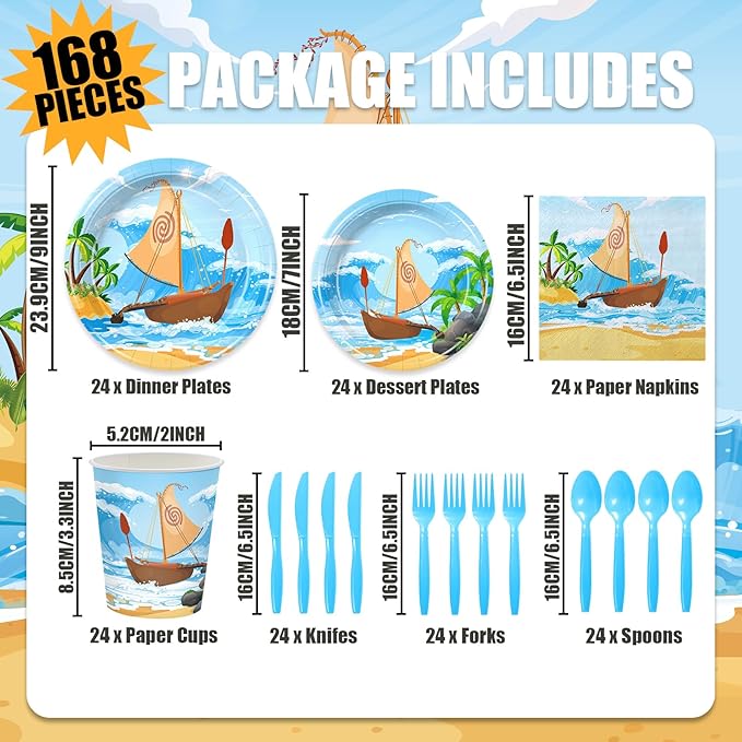 168Pcs Ocean Girl Party Decorations Cartoon Party Supplies Hawaiian Theme Birthday Decorations Paper Plates and Napkins Cups Tableware Set for Girls Boys