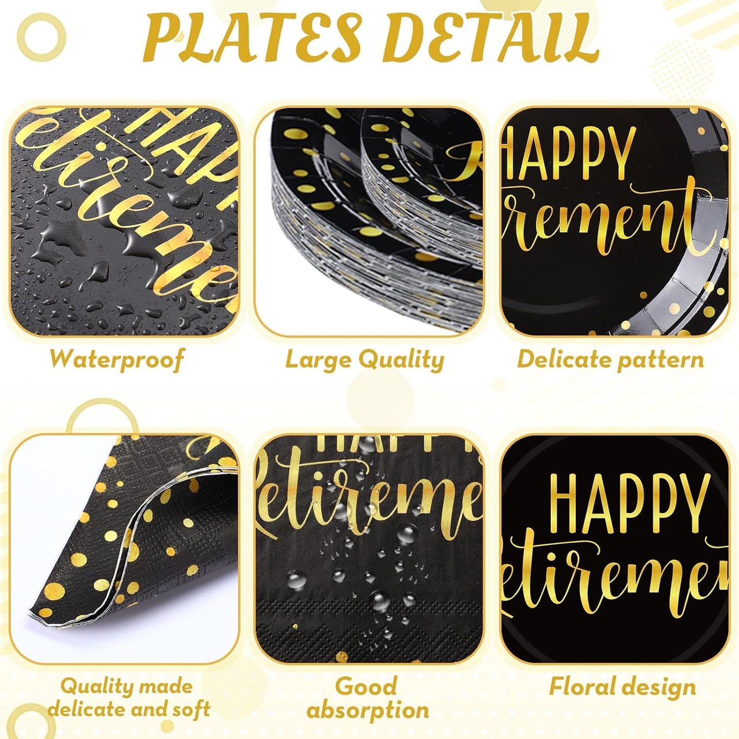 Pickmesh 192 Pcs Retirement Party Decorations Happy Retirement Paper Plates and Napkins Set with Cups and Knife Fork Spoon,Farewell Party Disposable Tableware for 24 Guest Women Men(Gold Black)