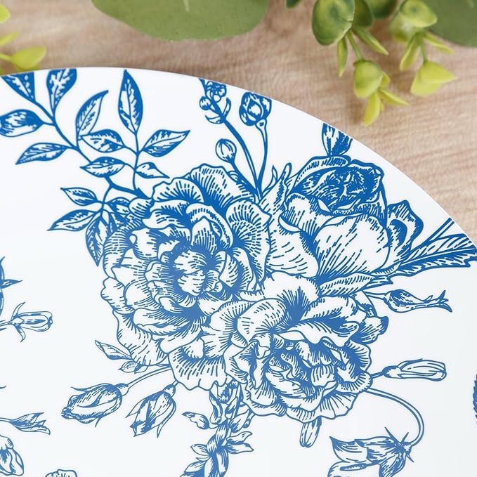 Efavormart 10-Pack French Toile Plastic Dinner Plates – Blue & White Floral, 10" Round Disposable Party Plates