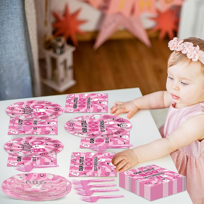 96pcs Halloween Pink Ghost Party Supplies - Boo 2nd Birthday Paper Plates, Napkins, Decoration, Dinnerware, Favor, Tableware - Serve 24