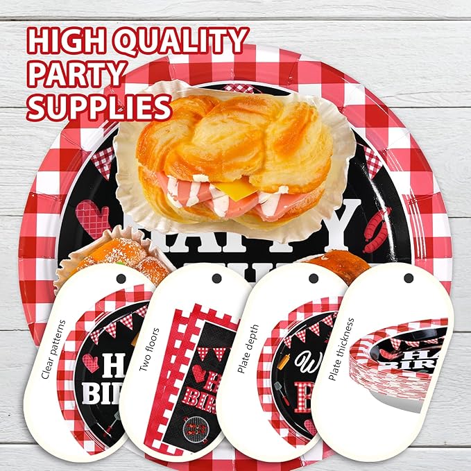 Grencian 200 Pcs BBQ Party Decorations for Birthday Picnic Red and Black Gingham BBQ Baby Shower Plates Supplies Summer Picnic Baby Q Birthday Party Decorations for Summer Barbecue Kids Adults