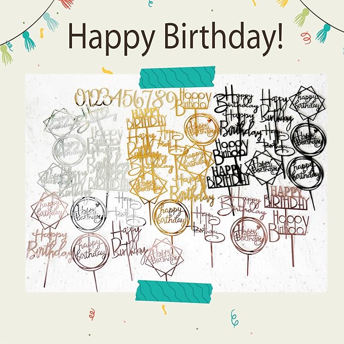 50 PCS Acrylic Happy Birthday Cake Topper Gold Black Pink Silver Cake Topper Pick for Birthday Cake Decorations (4 Colors)