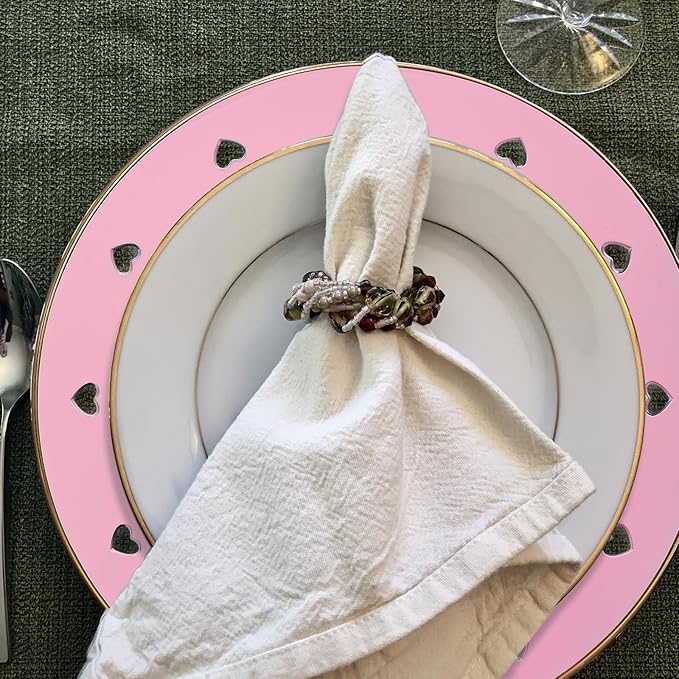 13" Round Pink Charger Plates, Heart Hollow Chargers for Dinner Plates with Golden Border, Formal Table Setting Accessory Centerpiece Bluk Wedding, Valentine's Day, Galentine's Day, Easter, Set of 6