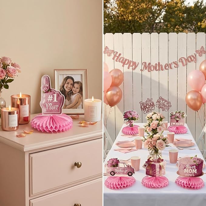 Happy Mother's Day Decorations Set, Happy Mothers Day Banner Cake Toppers Rose Gold Glitter Mothers Day Decor Table Honeycomb Centerpieces for Mothers Day Party Table Decor Supplies