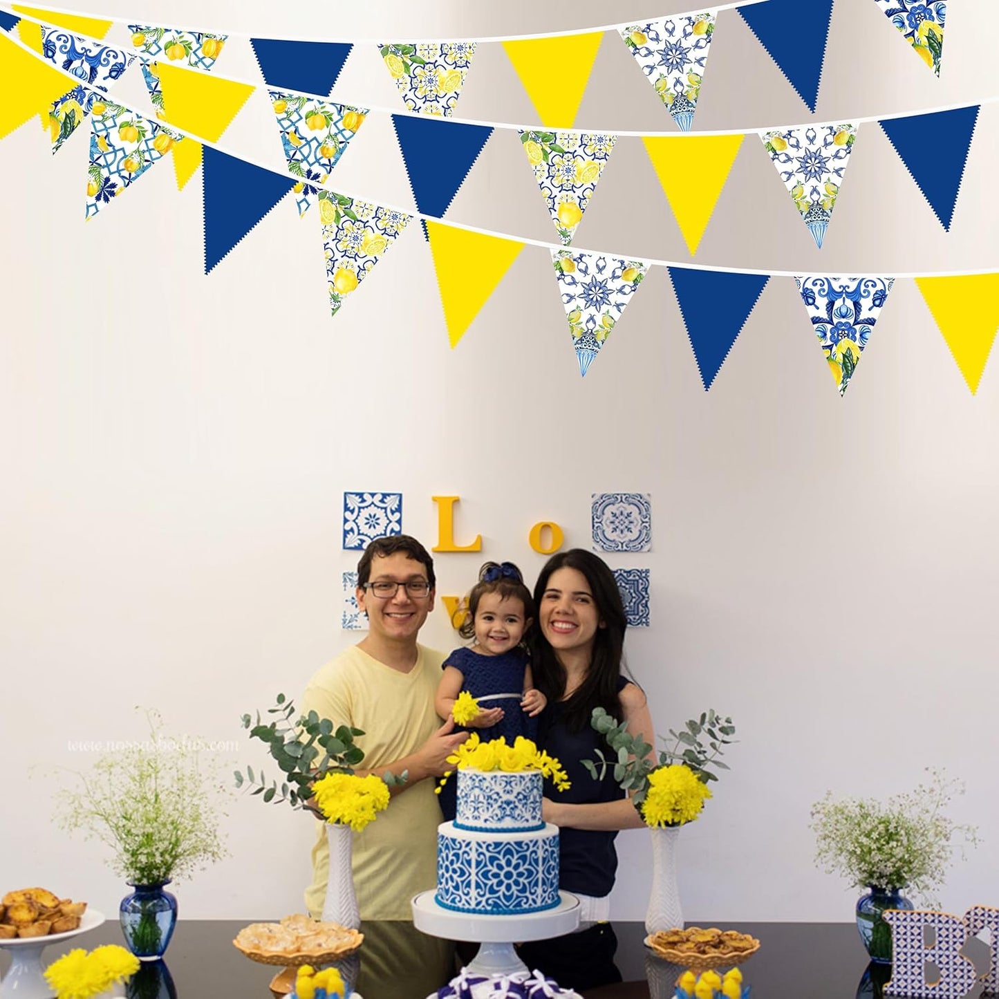 32Ft Capri Lemon Party Decorations Blue Tiles Yellow Lemon Fabric Pennant Banner Triangle Flag Garland Streamer for Amalfi Coast Capri Yellow Blue Tiles Mediterranean Birthday Baby Shower Supplies