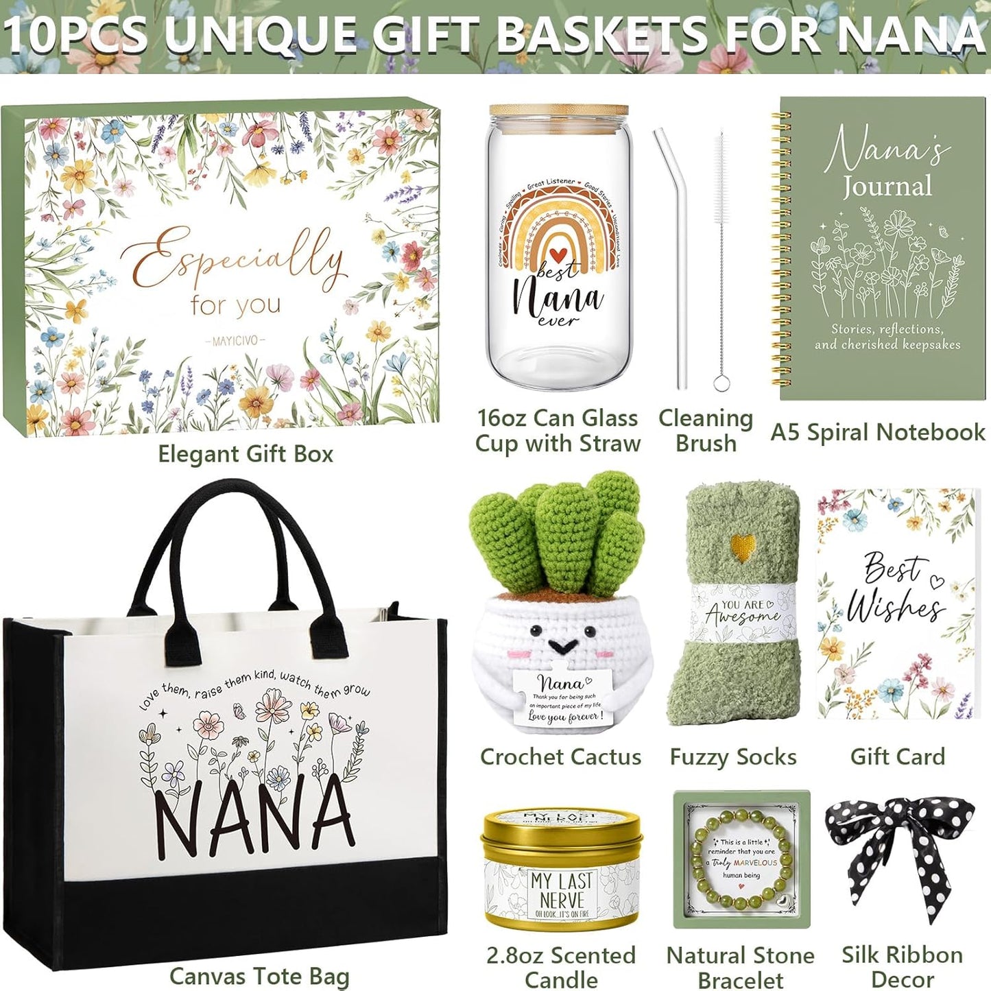 Best Grandma Christmas Gifts for Nana from Granddaughter Grandchildren Grandkids, Unique Nana Birthday Gifts for Grandma Gift Basket for Grandmother Gigi, New Granny Gift Set with Canvas Tote Bag