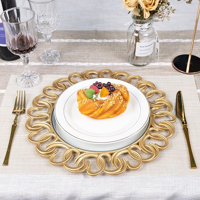 MAONAME 13" Gold Charger Plates Set of 6, Mirror Charger for Dinner Plates, Plastic Plate Chargers with Entwined Swirl Rim, Round Chargers for Table Setting, Wedding