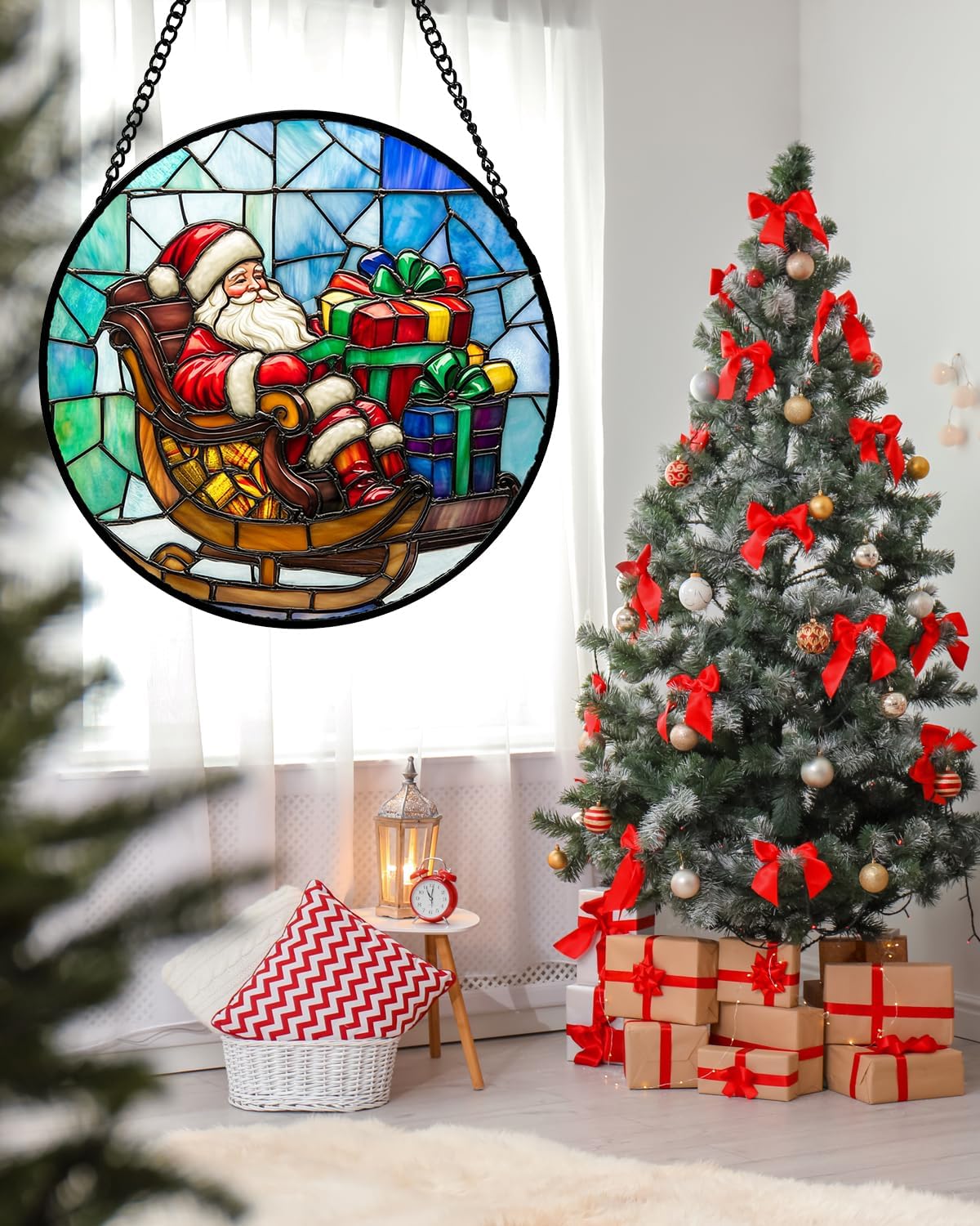 Stained Glass Window Hanging - Santa Claus Gift BoxSuncatcher for Doors Home Christmas Decoration Winter Sun Catcher Thanksgiving New Year Birthday Gift for Women Men Mom Nana 9.8 in