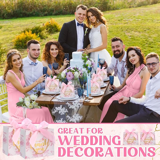 Kolldenn 40 Pcs Small Thank You Floral Gift Bags 5.5''x 2.4''x 4.7'' Pink White Paper Party Favor Bag with Handle Chinoiserie Floral Bag Bulk with Ribbon for Wedding Birthday Bridal Baby Shower