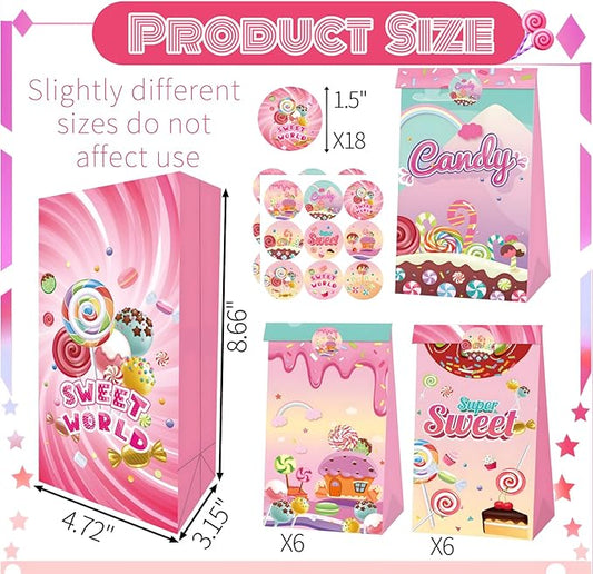 12Pcs Candy Sweet Land Goodie Bags with Stickers Lollipop Gift Bags Candyland Themed Party Favors Goody Treat Bag for Birthday,Baby Shower,Weddings,Guraduations Candy Shop Theme Party Supplies Decor