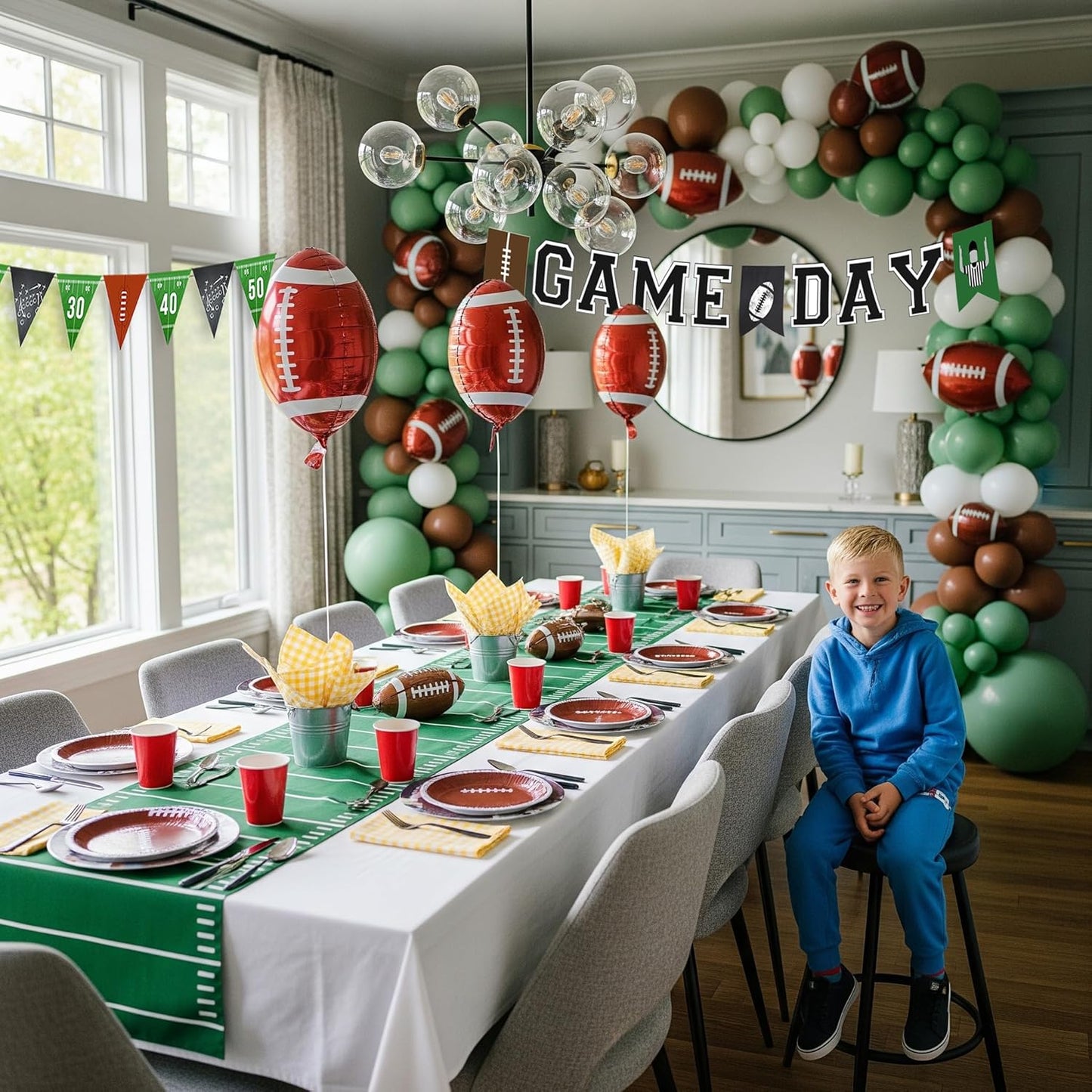 Football Balloon Garland Arch Kit Sage Green and Brown Balloons with Football Foil Balloon Game Day banner for Touch Down Rugby Super Bowl Sport Theme Party Decorations