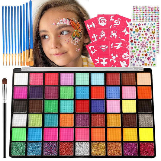 Face Painting Kit for Kids, 54 Color Professional Face Painting Kits with 10 Brushes and Stencils，Water Based Non Toxic Face Paint for Kids