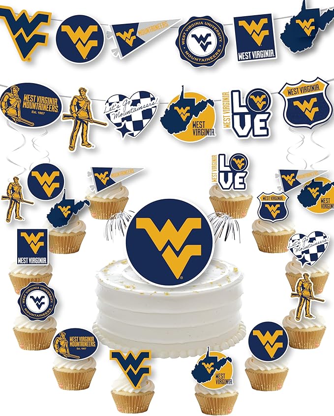 West Virginia Party Supplies for Football, Birthday Gift, WVU Graduation Party Banner and Cake Toppers (42 Pieces) (West Virginia Mountaineers)