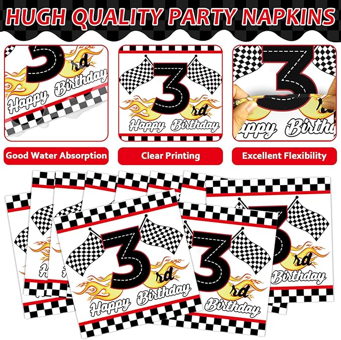 96PCS Race Car Themed 3rd Party Paper Plates and Napkins and Forks Set Young Fast Three Party Tableware Racing Checkered Flag Disposable Dinnerware for Kids Birthday Gatherings Decorations