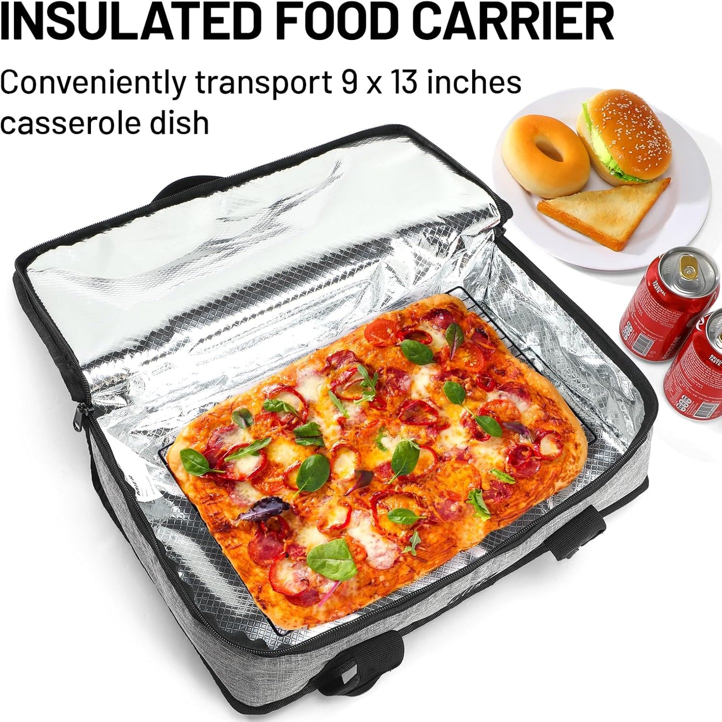 MIER Insulated Casserole Carrier for Hot or Cold Food Thermal Food Carrier Bag for Lasagna Potluck Parties Picnic Cookouts, Fits 9"x13" Baking Dish/Foil Pan, Gray