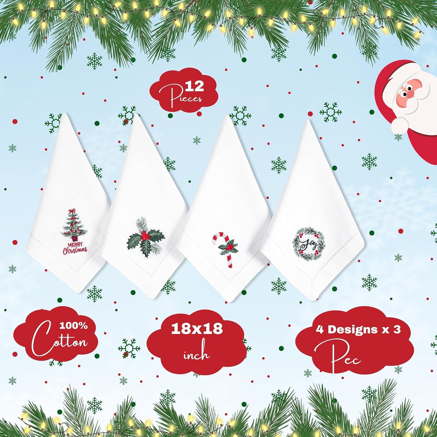 Homidate Cotton Cloth Dinner Napkins Set of 12 – 18x18 White with Green & Red Embroidery – Machine Washable Elegant Fabric Napkins for Weddings, Parties & Events