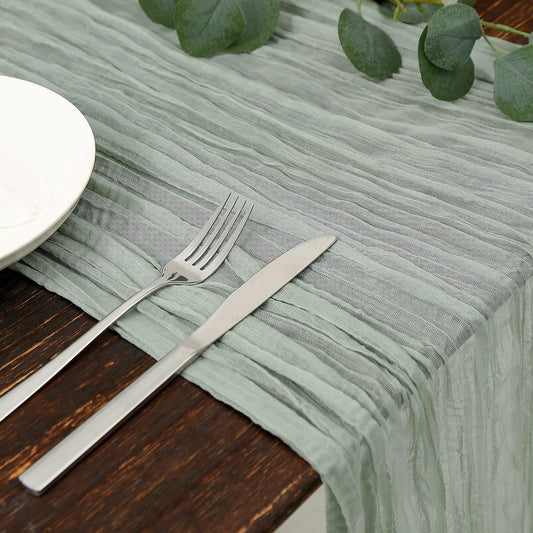DOLOPL 8PCS St. Patricks Day Table Runner Sage Green Cheesecloth Boho Gauze 13.3ft Rustic Sheer Runner 160inch Long for Wedding Bridal Baby Shower Party Decorations
