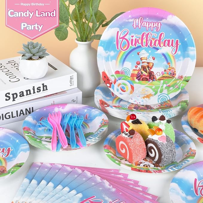 96Pcs Candyland Party Supplies Candyland Birthday Paper Plates Napkins Disposable Candy Land Party Decorations Sweet Candy Dinnerware Party Favor for Baby Shower Birthday Party Tableware Serves 24
