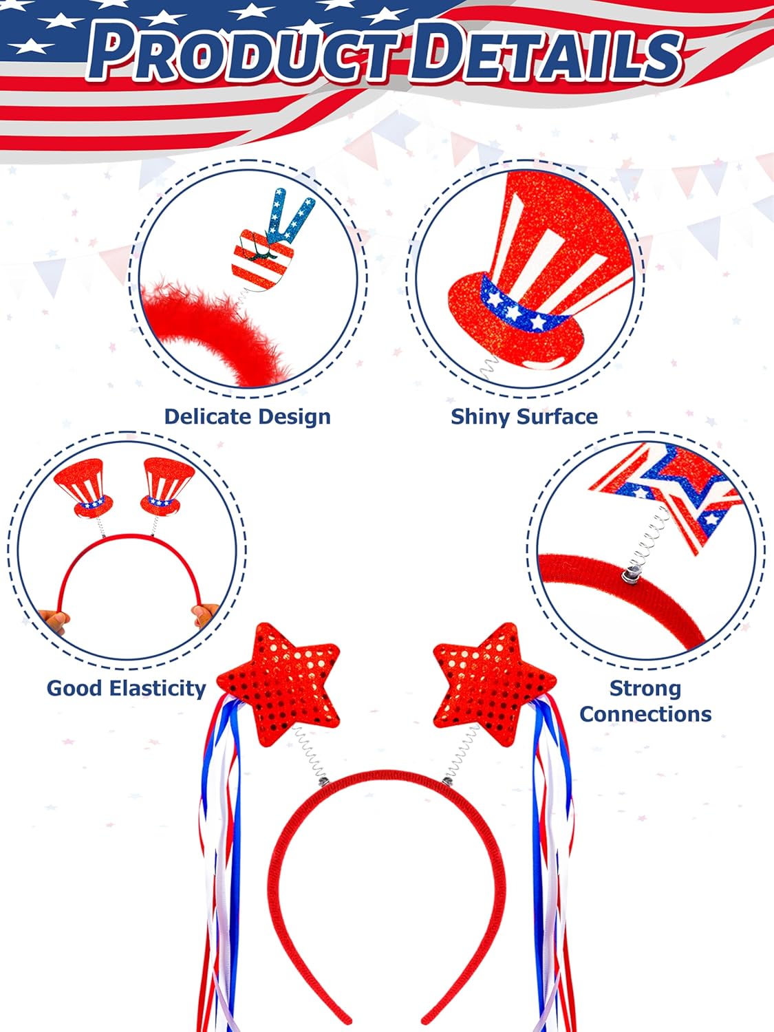 Blowata 12PCS 4th of July Headband, USA Headbands, Patriotic Headbands Head Boppers for Independence Day Parade Celebration