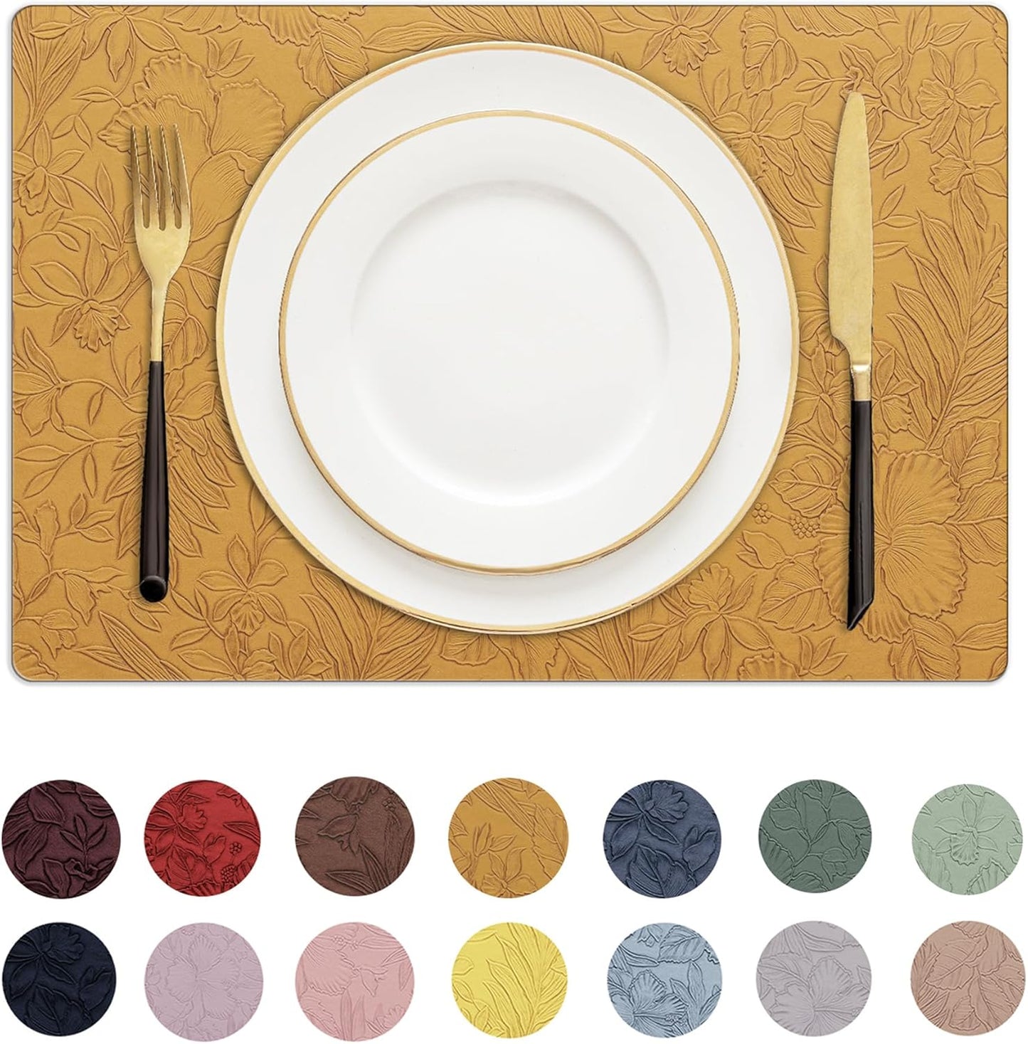 Romanstile Vinyl Placemats Set of 4-12 X 18 Inch - Heat Resistant Non-Slip Embossed Floral Place Mats 100% Waterproof Oilproof Wipeable Faux Leather Table Mats for Kitchen/Dining/Party, Gold