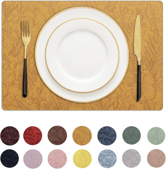 Romanstile Vinyl Placemats Set of 4-12 X 18 Inch - Heat Resistant Non-Slip Embossed Floral Place Mats 100% Waterproof Oilproof Wipeable Faux Leather Table Mats for Kitchen/Dining/Party, Gold