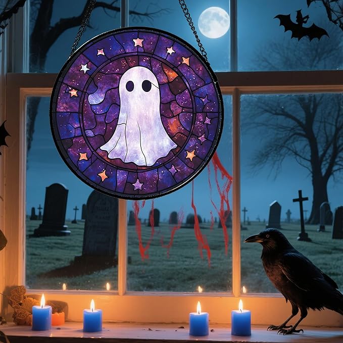 Stained Glass Window Hanging - Halloween White Star Ghost Purple Starry Sky Suncatcher for Doors Garden Indoor Spooky Sun Catchers Gothic Decor Horror Gifts for Women Men Friend 9.8 in