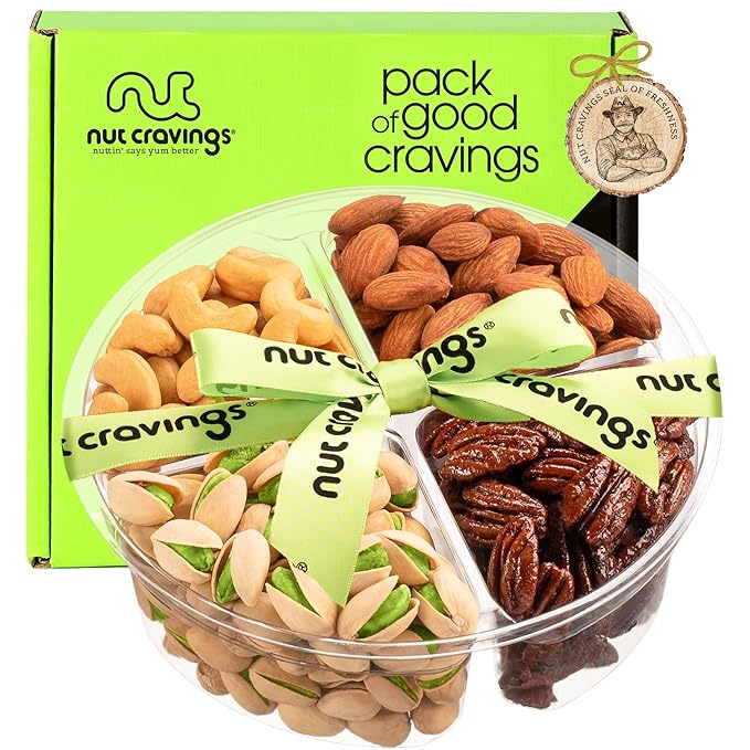 NUT CRAVINGS - Halloween Treats For Adults Mixed Nuts Gift Basket + Green Ribbon (4 Assortments) Holiday Xmas Christmas Food Arrangement, Healthy Snack Care Package, Food Assortments