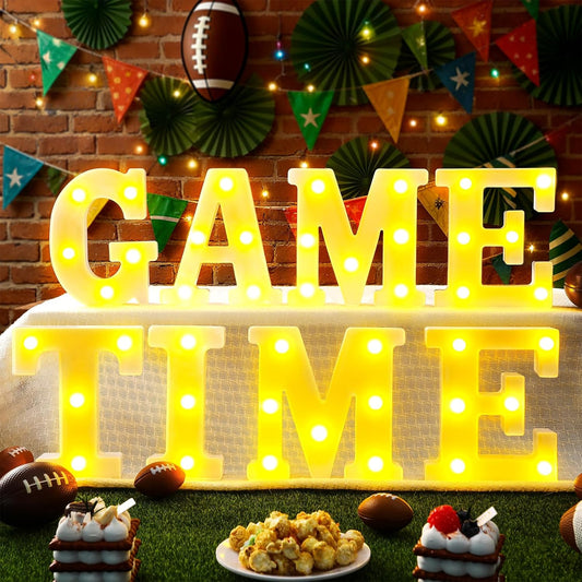 8 Pcs Football Game Time Large LED Letter Sign LED Lights Battery Powered Game Time Table Decorations for Football Theme Party Decoration