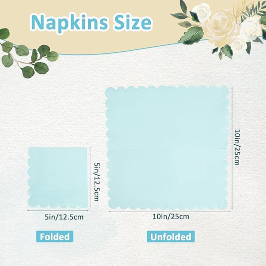 100 Pcs Cocktail Napkins Scalloped Edged Dessert Napkins Folded 5 x 5 Inches Blue Disposable Napkins for Dinner Wedding Birthday Party