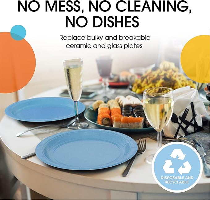 Exquisite Party Solids Light Blue Paper Plates Disposable Heavy Duty 9 Inch Light Blue Disposable Plates For Party 100 Pcs Heavy Duty 350 GSM, Birthday Supplies