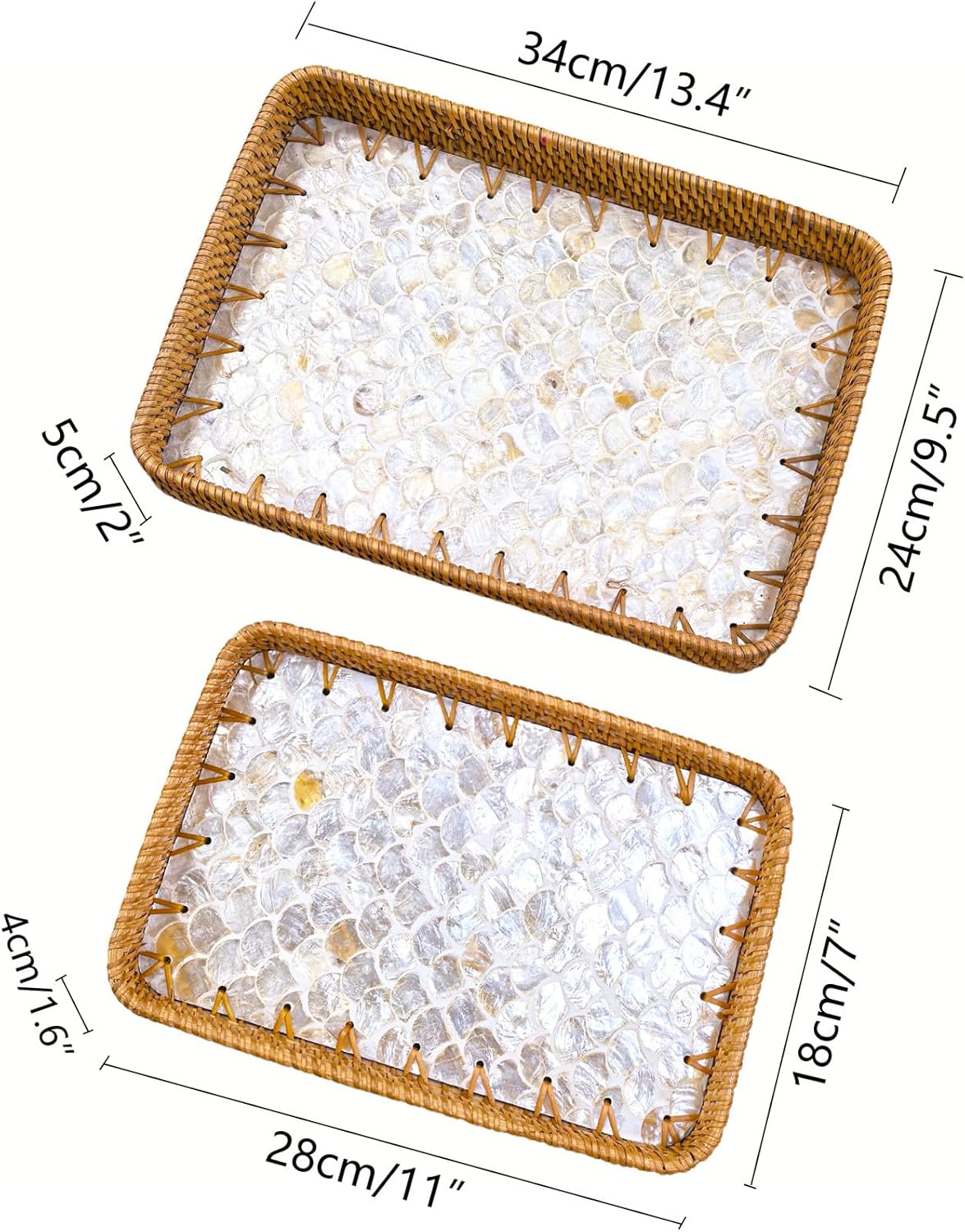 i-lan 2-Piece Rectangular Rattan Serving Trays with Mother of Pearl Inlay, 13" & 11.5" Decorative Storage Trays for Home Organization, Entertaining, and Tabletop Display