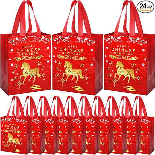 Supervitae 24 Pcs Chinese New Year 2026 Gift Bags with Handle Horse Lunar New Year Gift Bag Spring Festival Red Goodie Treat Party Supplies for Family Neighbor Friend Party Decor(9.8" x 7.9" x 3.9")