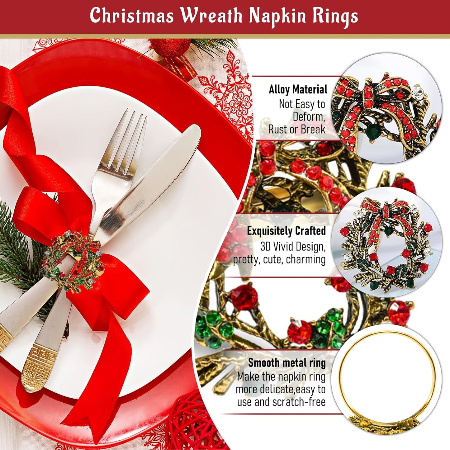 Legigo Set of 12 Christmas Wreath Napkin Rings Set- Metal Xmas Napkin Ring Holders for Cloth Napkins, Christmas Holiday Party Dinner Table Decoration
