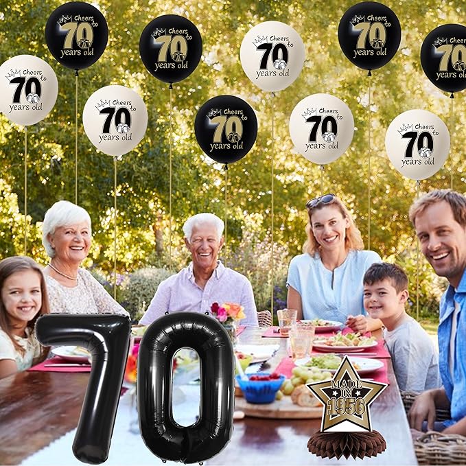 DARUNAXY 70th Birthday Party Decorations for Men Women, Vintage Back in 1956 Banner, Black 70 Number Balloons & Cake Topper, Vintage 1956 70 Birthday Honeycomb Hanging Swirl Confetti Balloons(30PC)