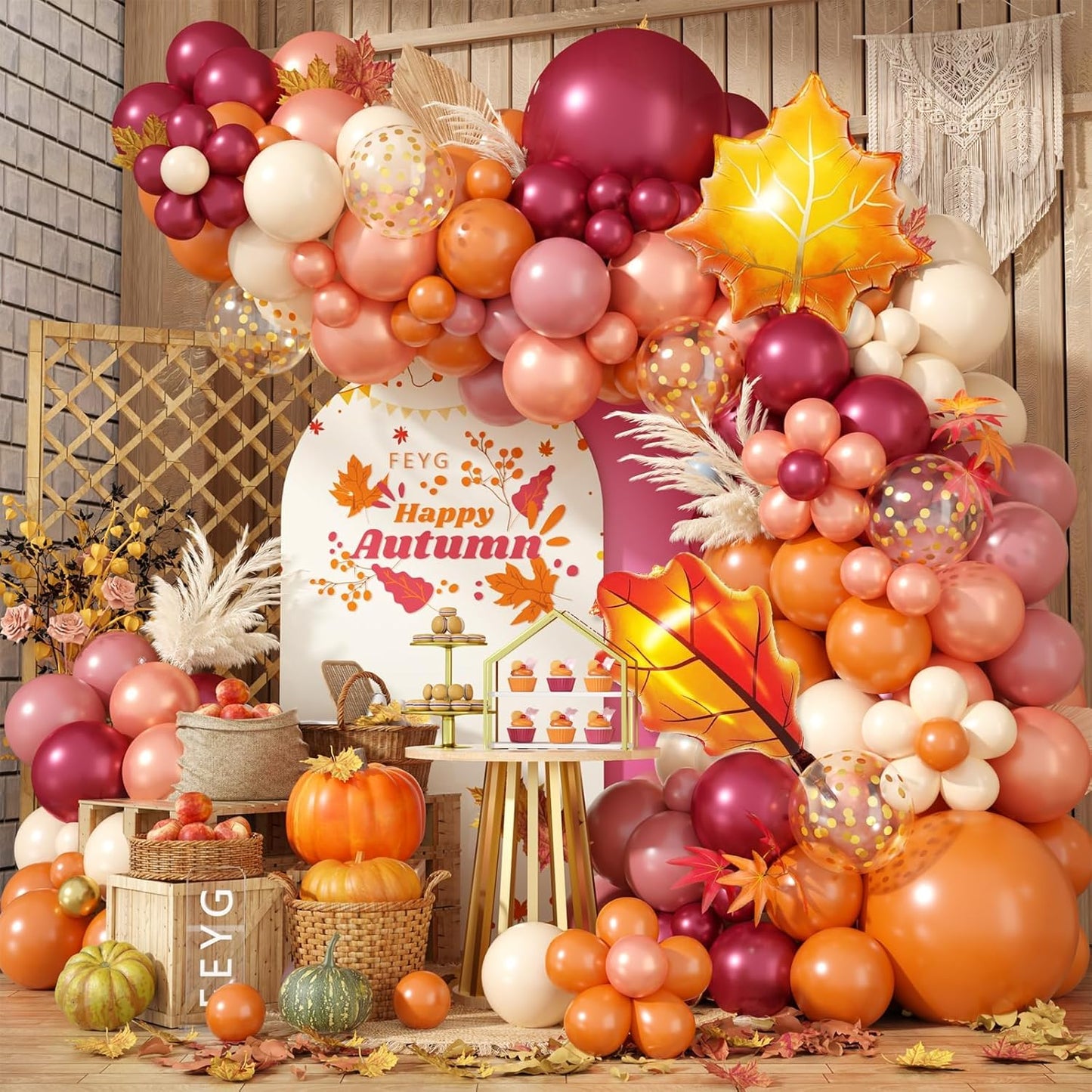 Fall Balloon Garland Arch Kit, Orange Wine Red Dusty Pink Rose Gold Confetti Balloons with Maple Leaf Foil Balloons for Thanksgiving Autumn Fall Birthday Baby Shower Party Decorations