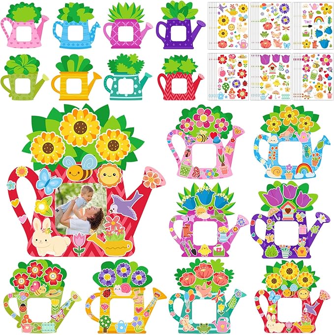 Jetec 48 Sets Spring Watering Can Picture Frames Craft Kit DIY Photo Frames Sticker Craft Make Your Own Paper Picture Frame for Home Activities Party Favors Decorations(Classic Color)