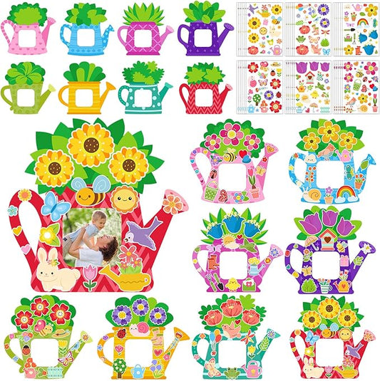 Jetec 48 Sets Spring Watering Can Picture Frames Craft Kit DIY Photo Frames Sticker Craft Make Your Own Paper Picture Frame for Home Activities Party Favors Decorations(Classic Color)