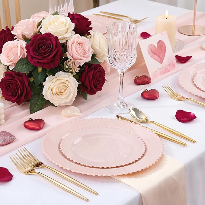 U-QE 60PCS Pink Plastic Plates - Heavy Duty Beaded Pink Disposable Plates for Party, Baby Shower, Wedding, Birthday - Serving 30 Guests Include 30PCS 10inch Dinner Plate & 30PCS 7inch Dessert Plate